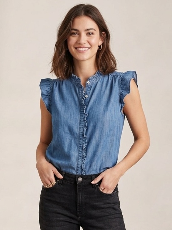 LOFT Tops - LOFT Denim Chambray Ruffle Trim Flutter Sleeves Top Sz M Boho Western Cottage